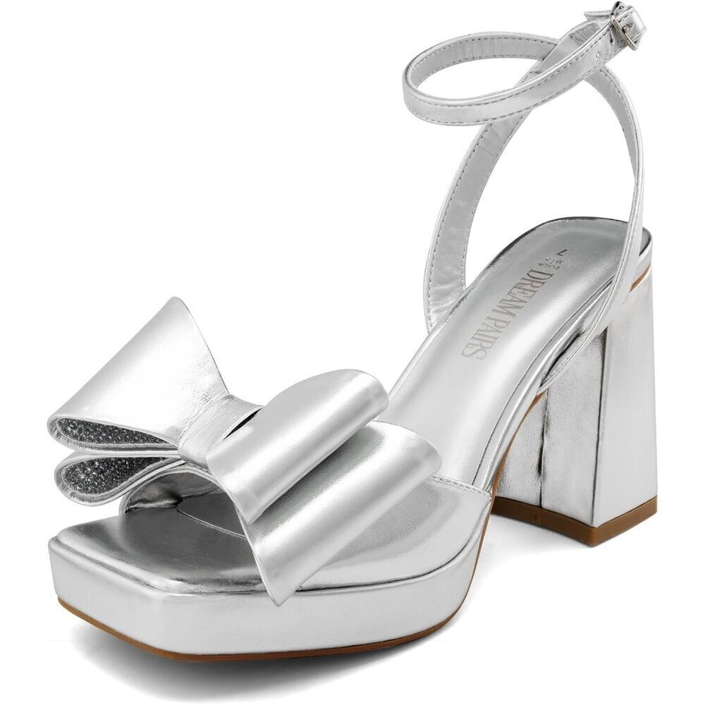 Dream Pairs Women Silver Chunky Heels Fashion High Block Square Toe Dress Sandal